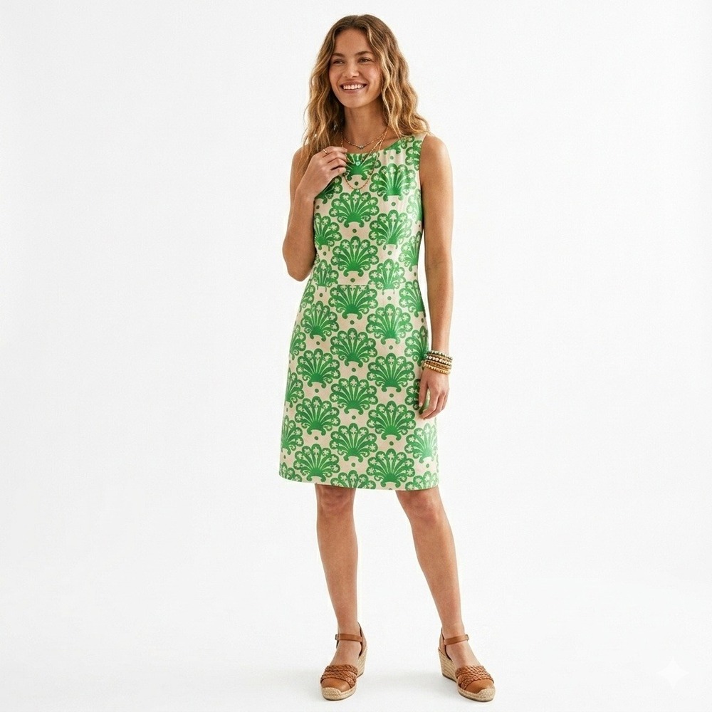 Milly of New York Green White Silk Shell Print Sheath Dress Size 6 Sleeveless
